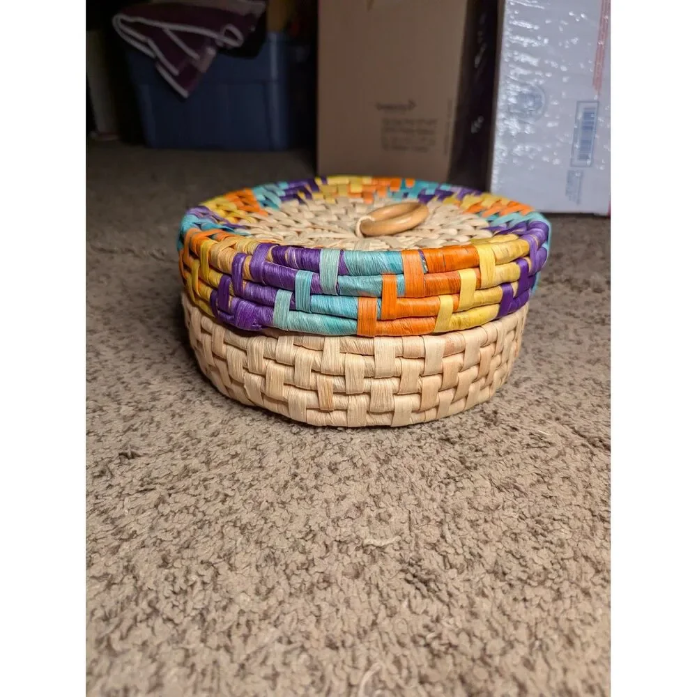 Handwoven Boho Straw Basket with Lid Colorful Raffia Wooden Ring Handle